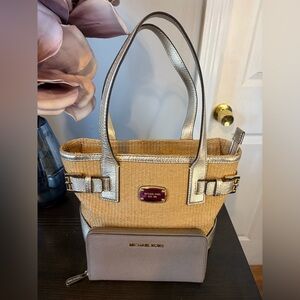 Michael Kors Straw Tote with Gold Trim and Taupe MK Wallet
